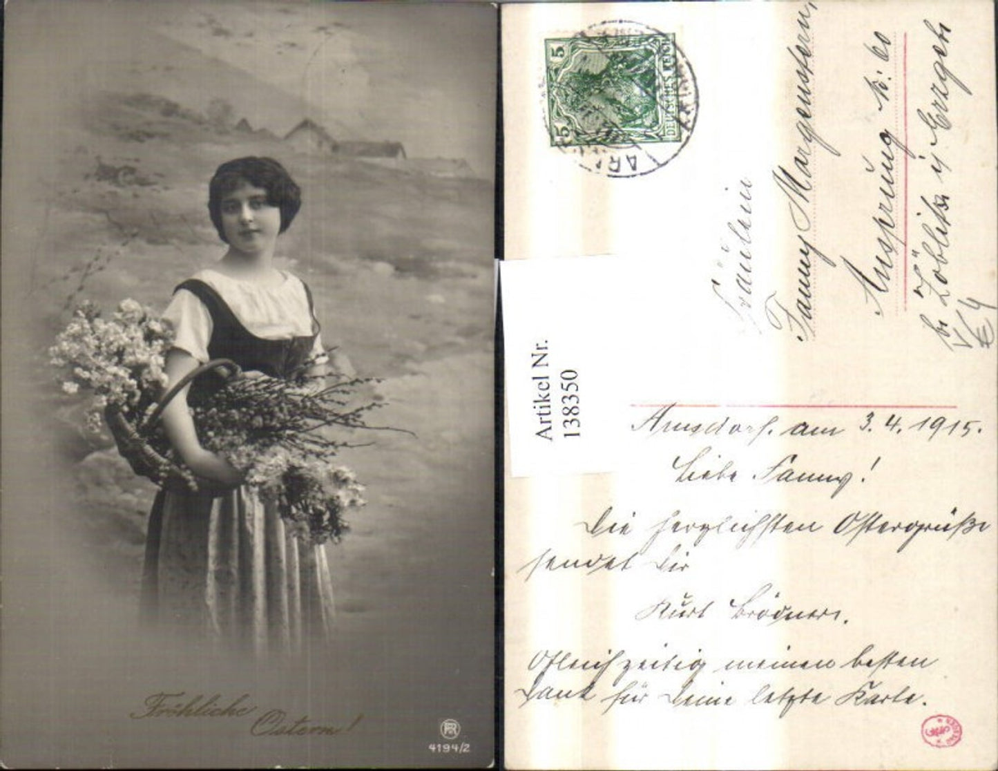 138350,Frau Tracht m. Korb Blumen Palmkätzchenzweige Ostern pub RPH 4194/2