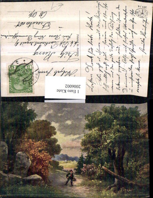 2006002,Künstler AK Landschaft Mann m. Hut Bäume Weg