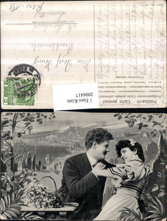 2006417,Künstler AK Frau u. Mann Korb Blumen Landschaft