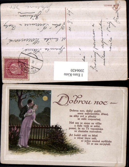2006420,Künstler AK Dobrou noc Gedicht Text Frau m. Mann Liebespaar Liebe Mondschein
