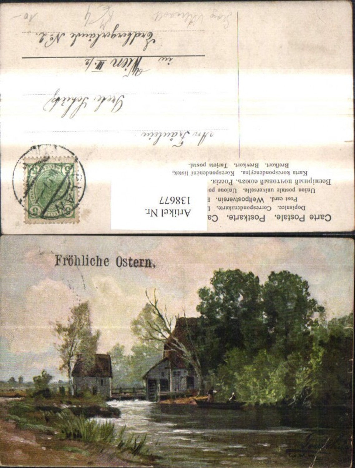 138677,Künstler Ak Georg Meinzolt Haus Mühle Wassermühle Mühlrad Landschaft Fröhliche Ostern