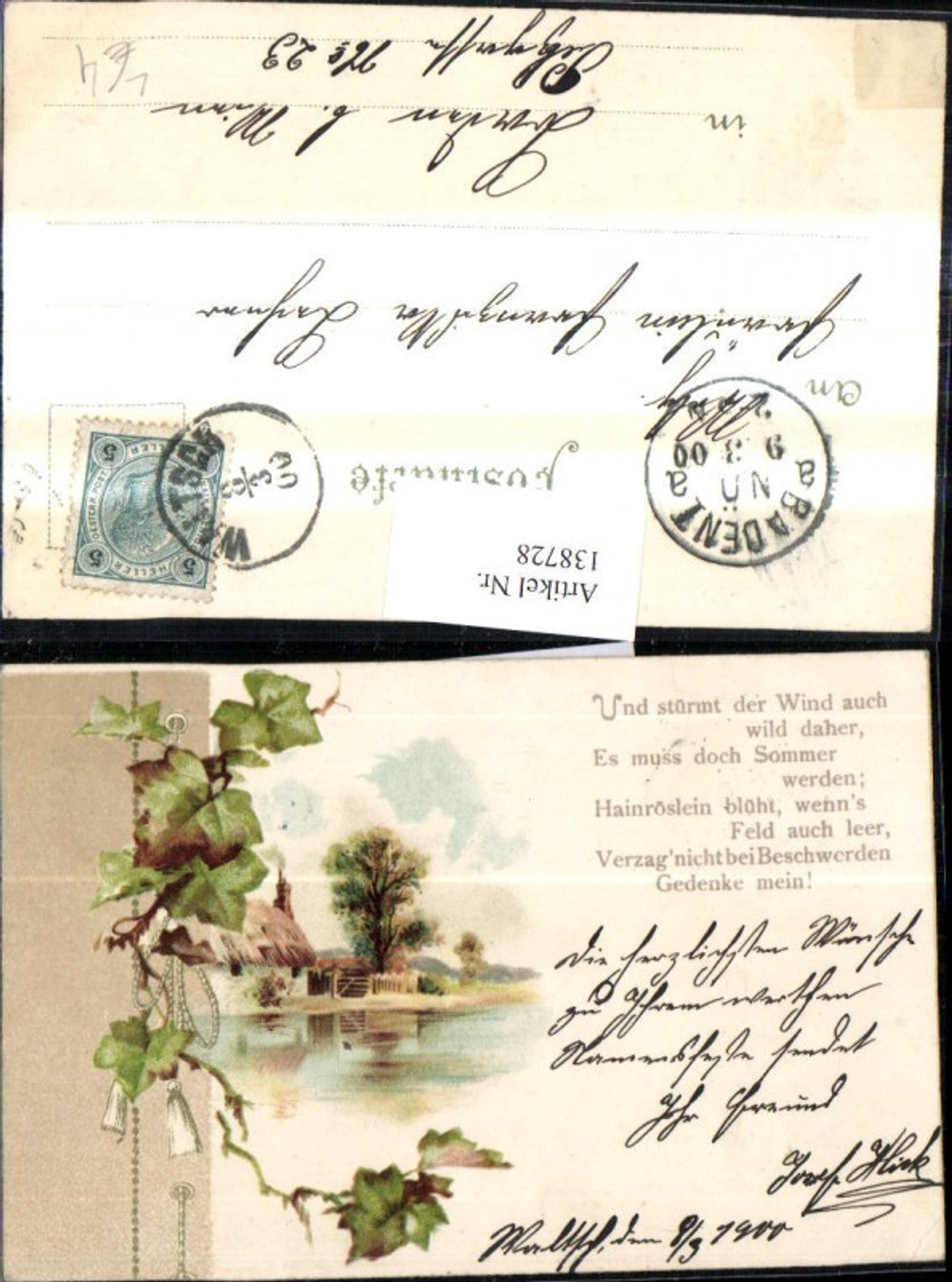 138728,Künstler Litho Haus Landschaft Efeu Spruch Text