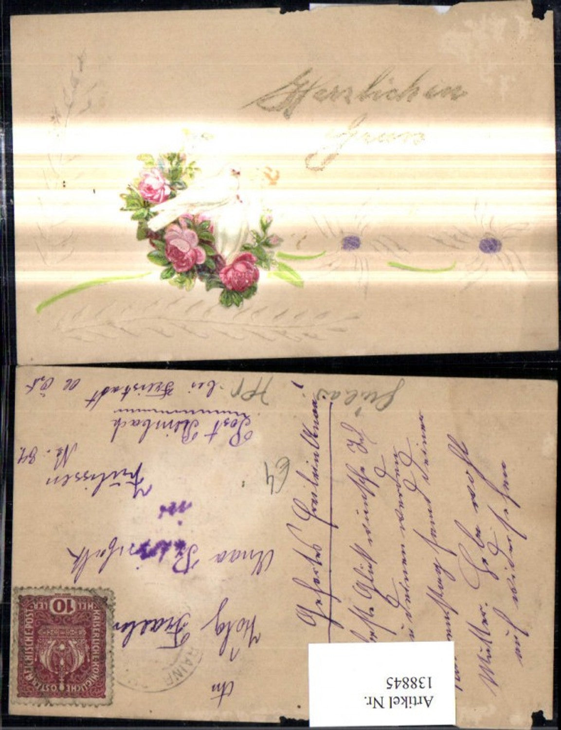 138845,Künstler Ak Relief Aufgeklebte Tauben Blumen