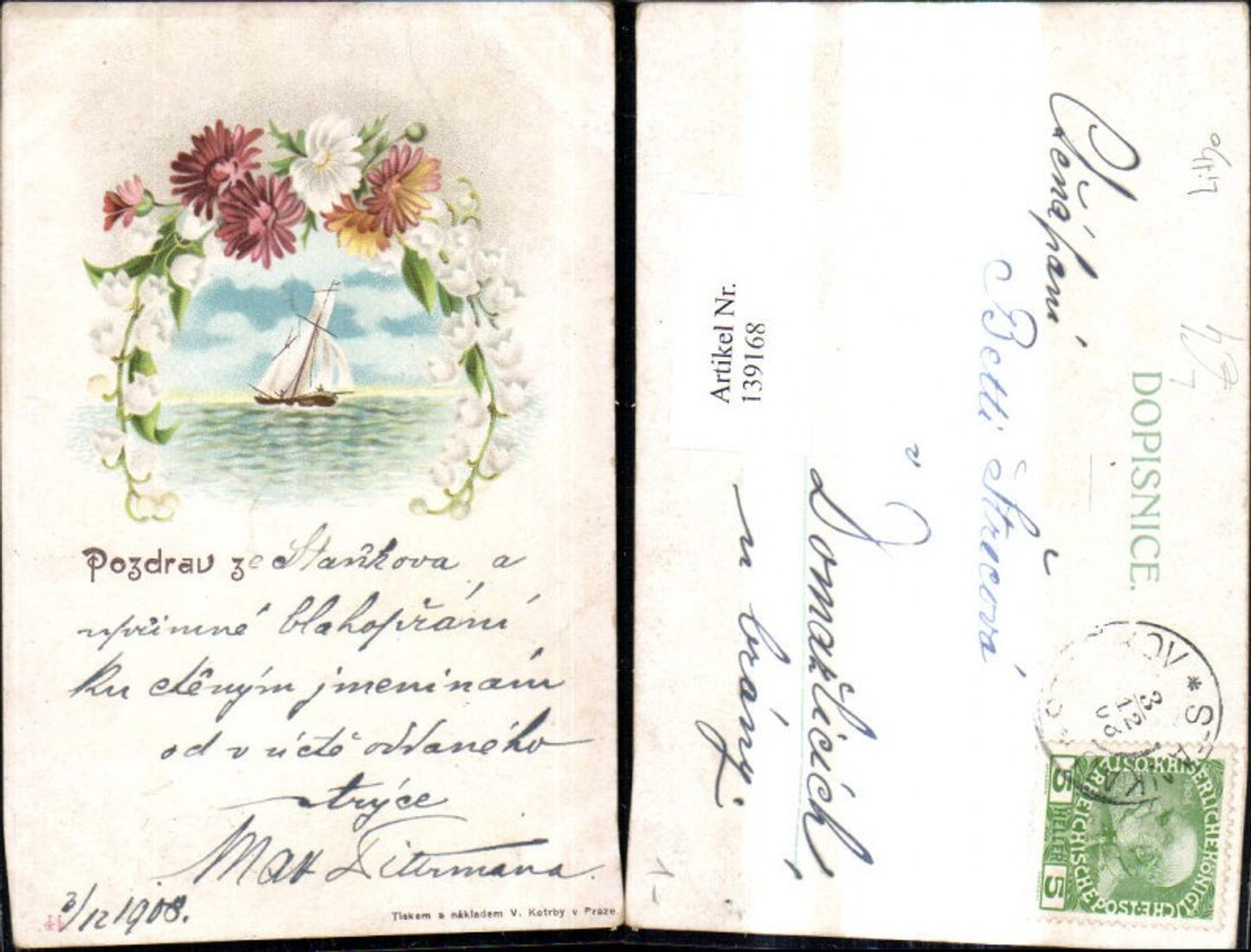 139168,Künstler Litho Segelschiff Kranz a. Blumen