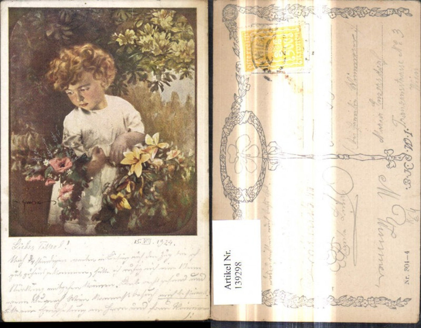 139298, Artist Ak Child with Bouquet of Flowers