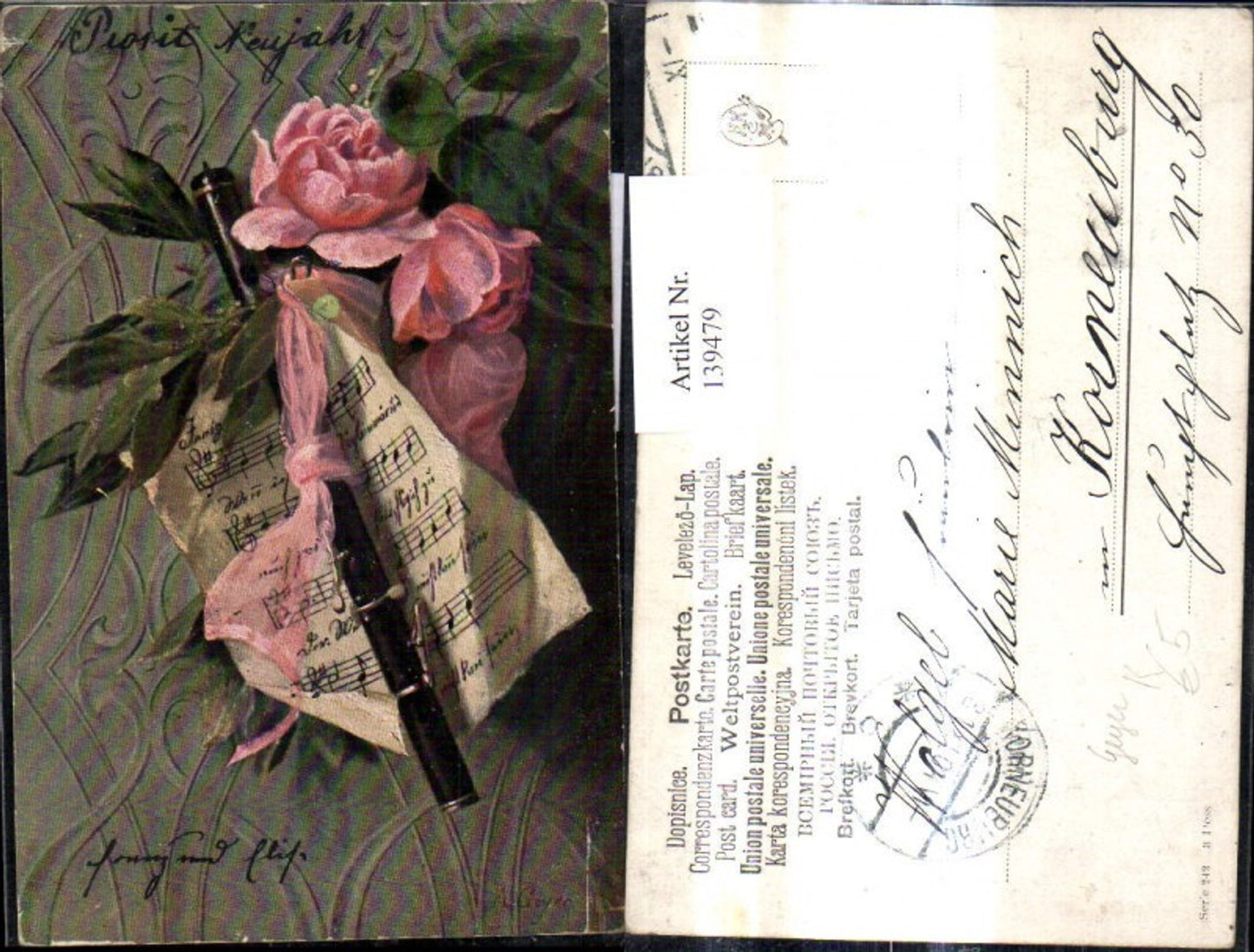 139479,Künstler Ak A. Geyer Flöte Notenblatt Schleife Rose Blumen