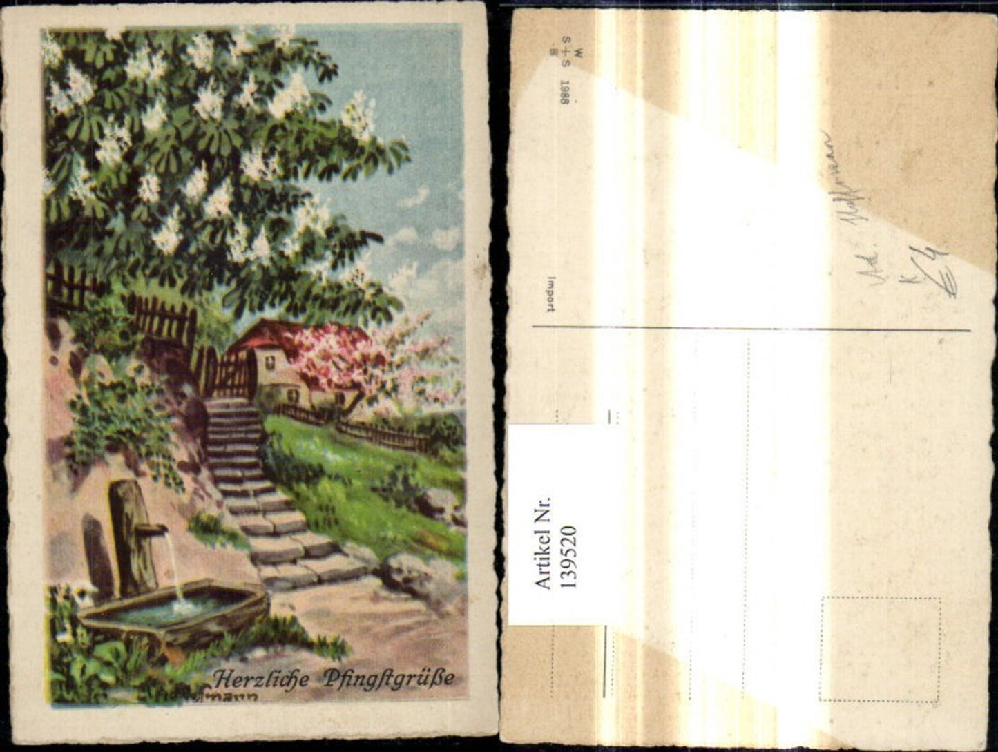 139520,Künstler Ak Ad. Hoffmann Brunnen Haus Landschaft Herzliche Pfingstgrüße