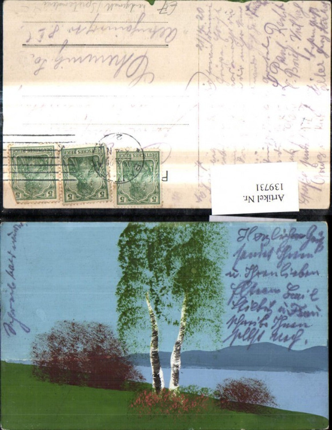 139731,Künstler Ak Handgemalt Spritzmalerei Birke a. Ufer See Landschaft