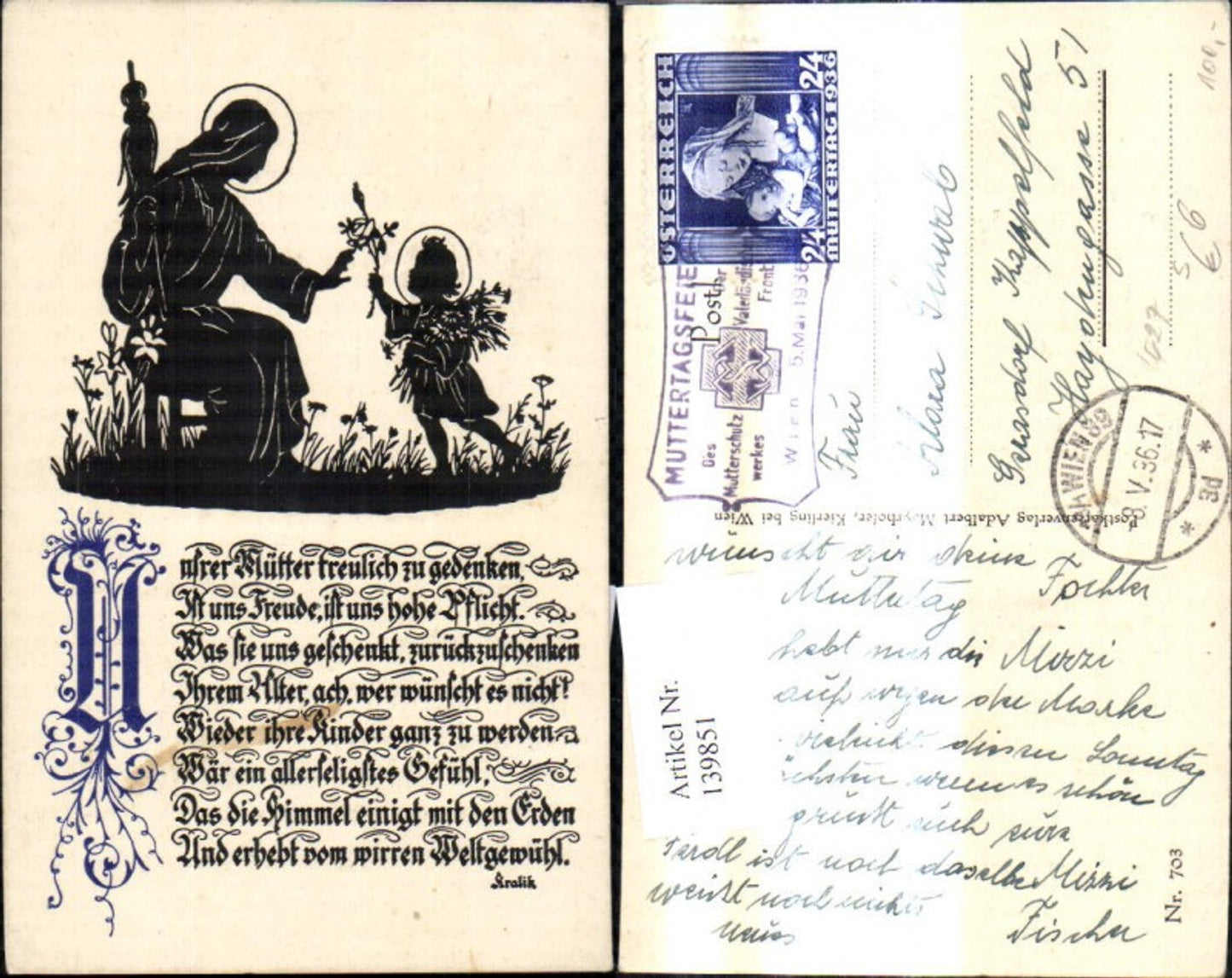 139851,Künstler Ak Scherenschnitt Silhouette Mutter Marie Jesus Blumen Spruch Stempel Muttertagsfeier Wien 1936