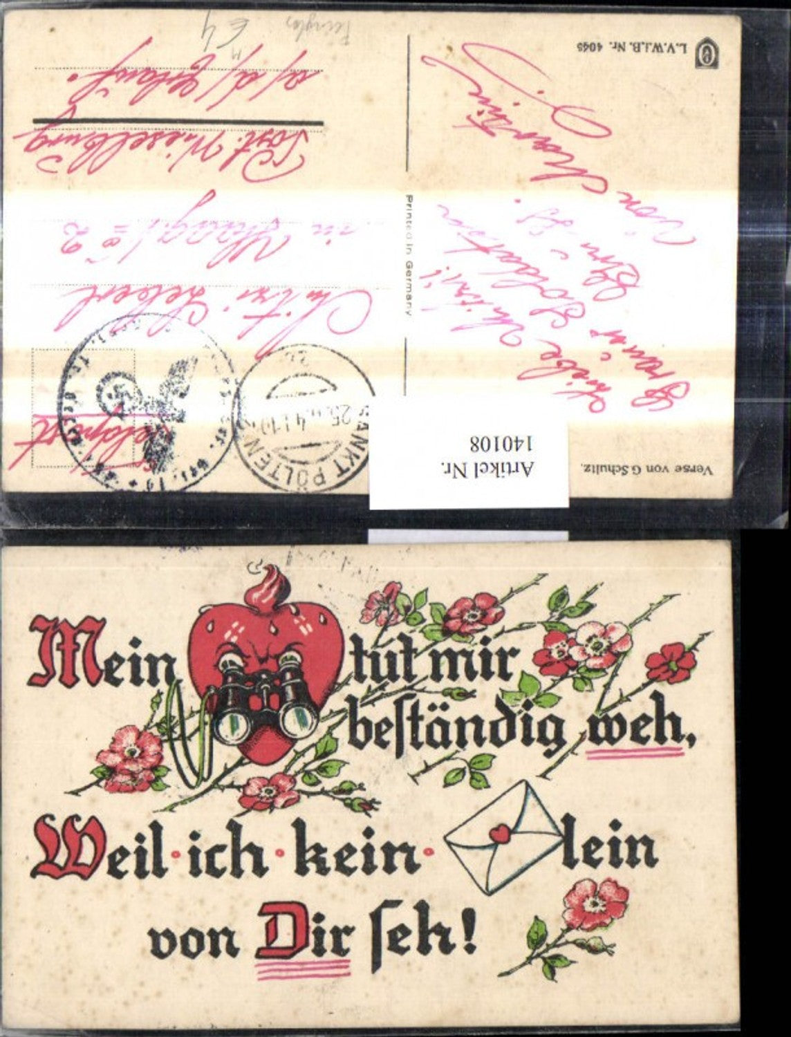140108,Liebe Text Herz Herzgesicht m. Fernglas Brief Kuvert Blumen