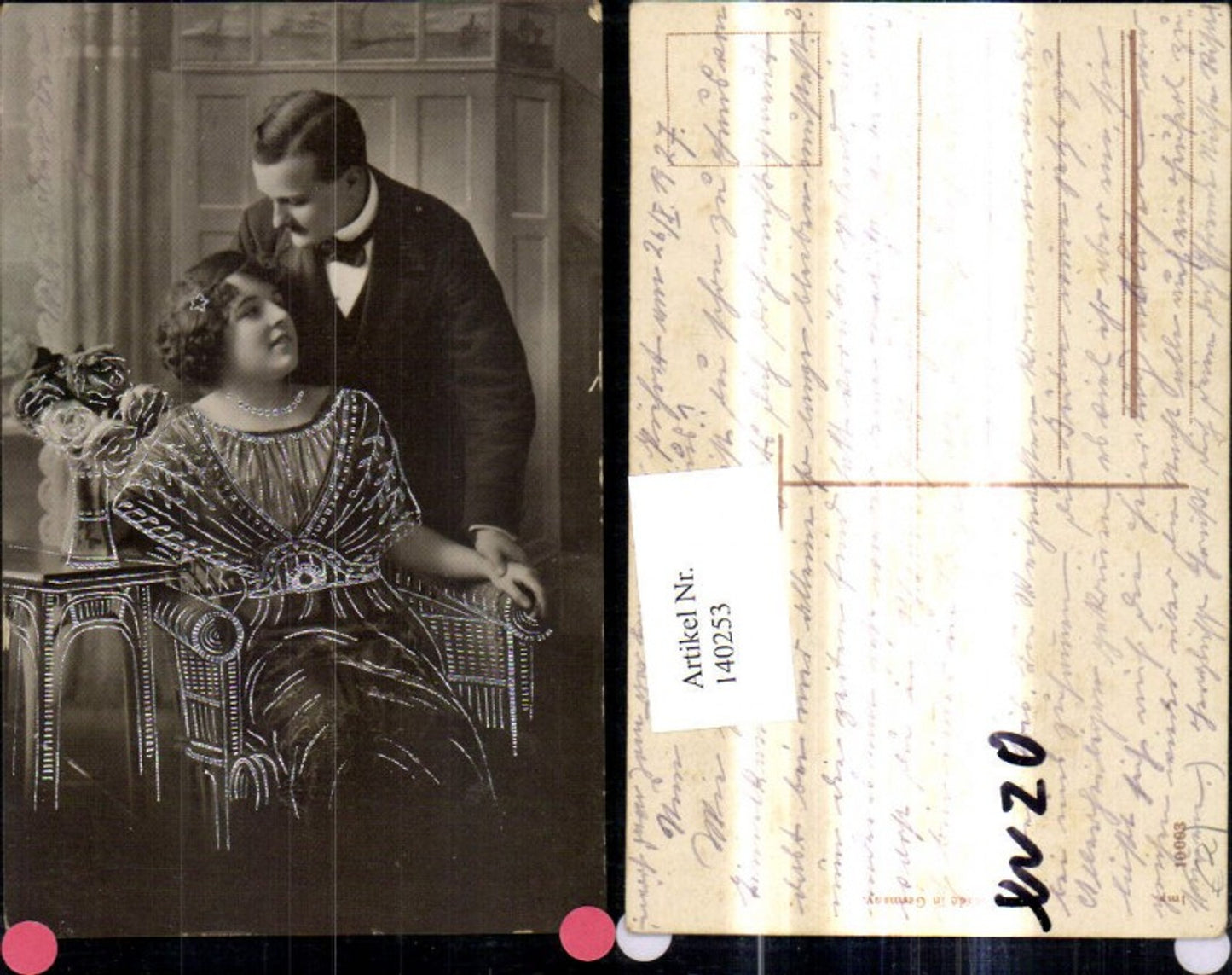 140253,Liebe Paar Liebespaar Stuhl Rosen i. Vase Silberverzierung