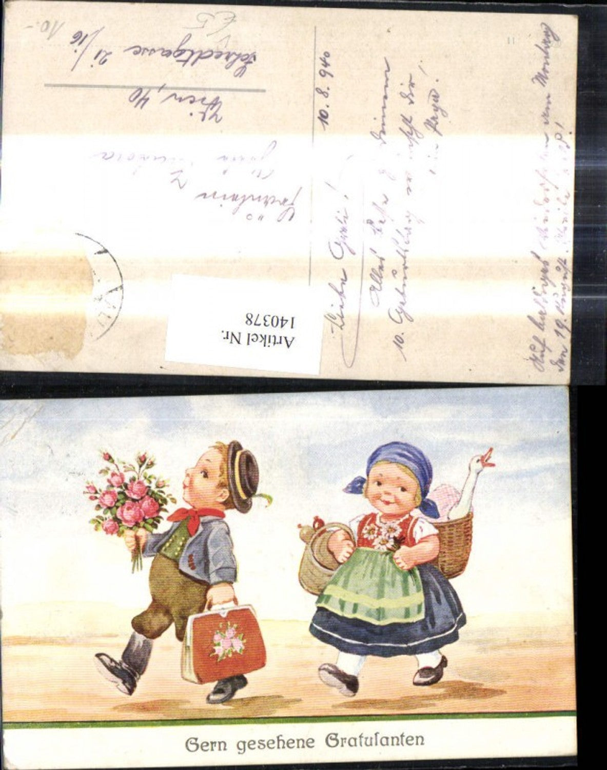 140378,Künstler Ak Kinder m. Koffer Blumenstrauß Gans i. Rückenkorb Gratulanten pub EAS 11
