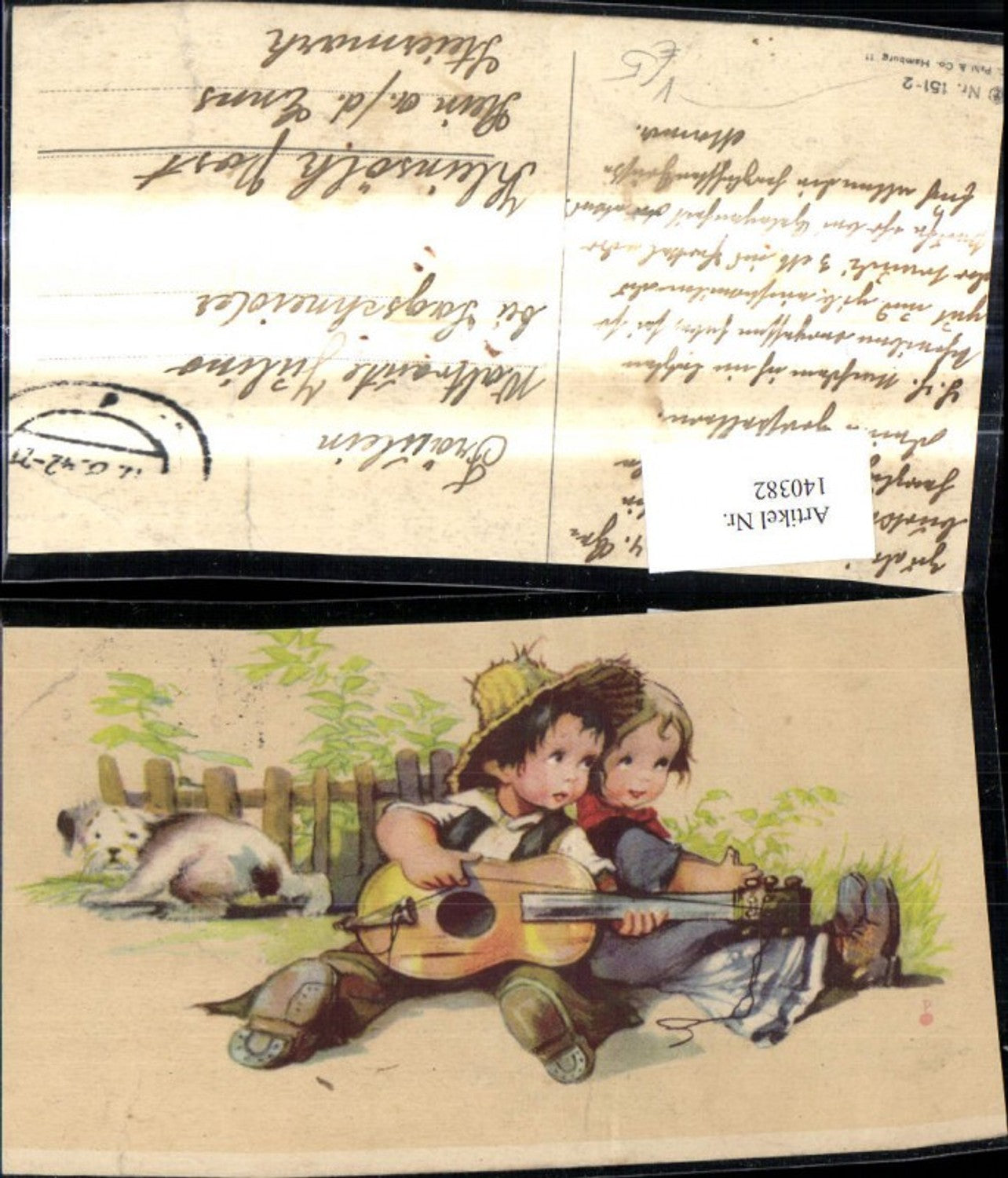 140382, Artist Ak Children playing guitar broken sides dog straw hat pug C. Pahl Co 151-2