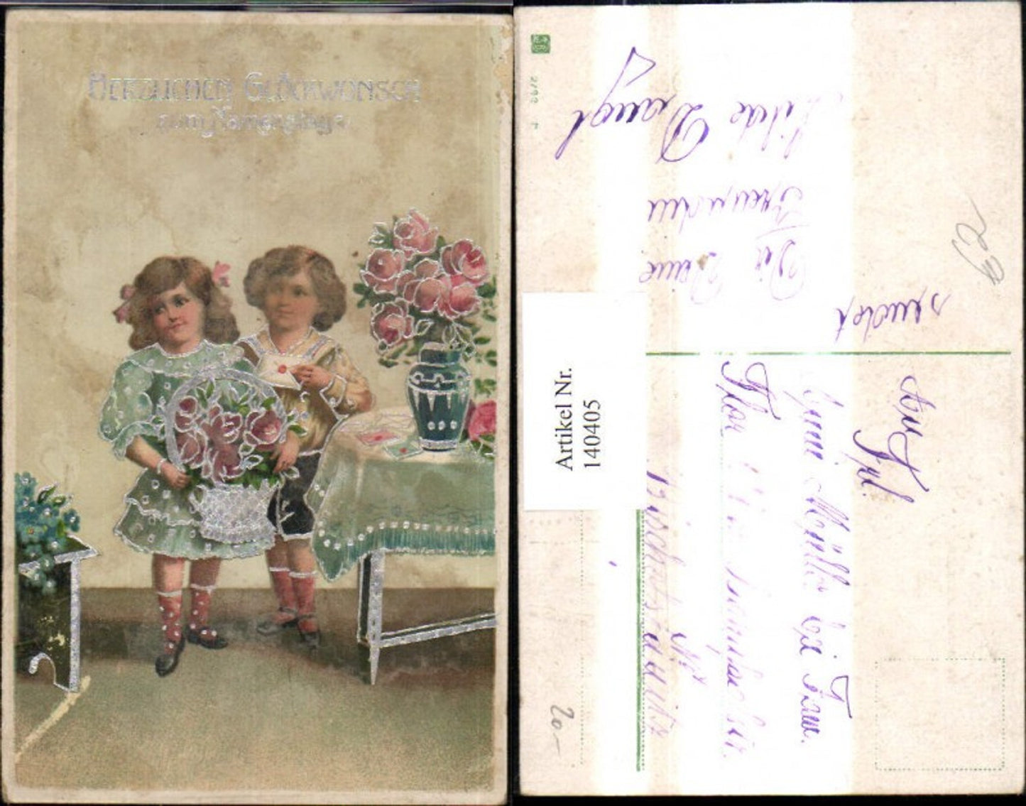 140405,Künstler Ak Kinder Korb m. Rosen Blumen Brief Kuvert Namenstag Silberverzierung