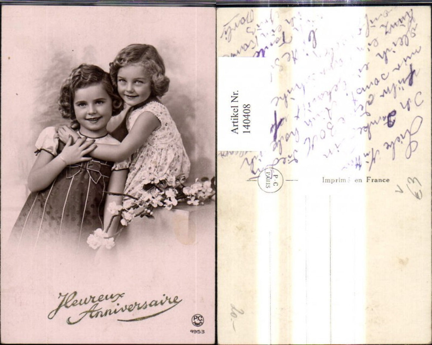 140408,Kinder Mädchen Umarmung Blütenzweig Heureux Anniversaire Präge Glitzerschrift pub P.C. Paris 4953