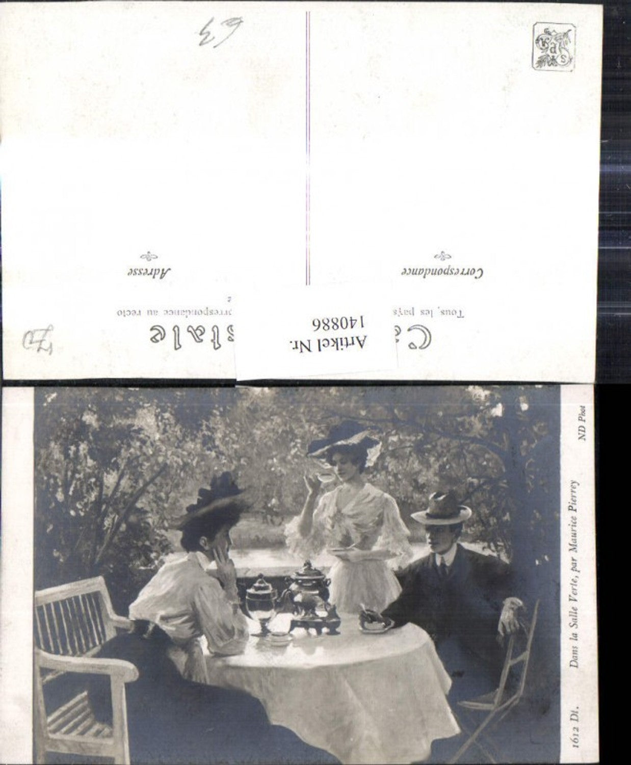 140886,Künstler Ak Maurice Pierrey Dans la Salle Verte Frauen m. Hut Mann Kaffeetisch