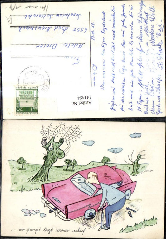 141454,Künstler Ak Auto platter Reifen Wer pumpt liegt immer schief Scherz Humor