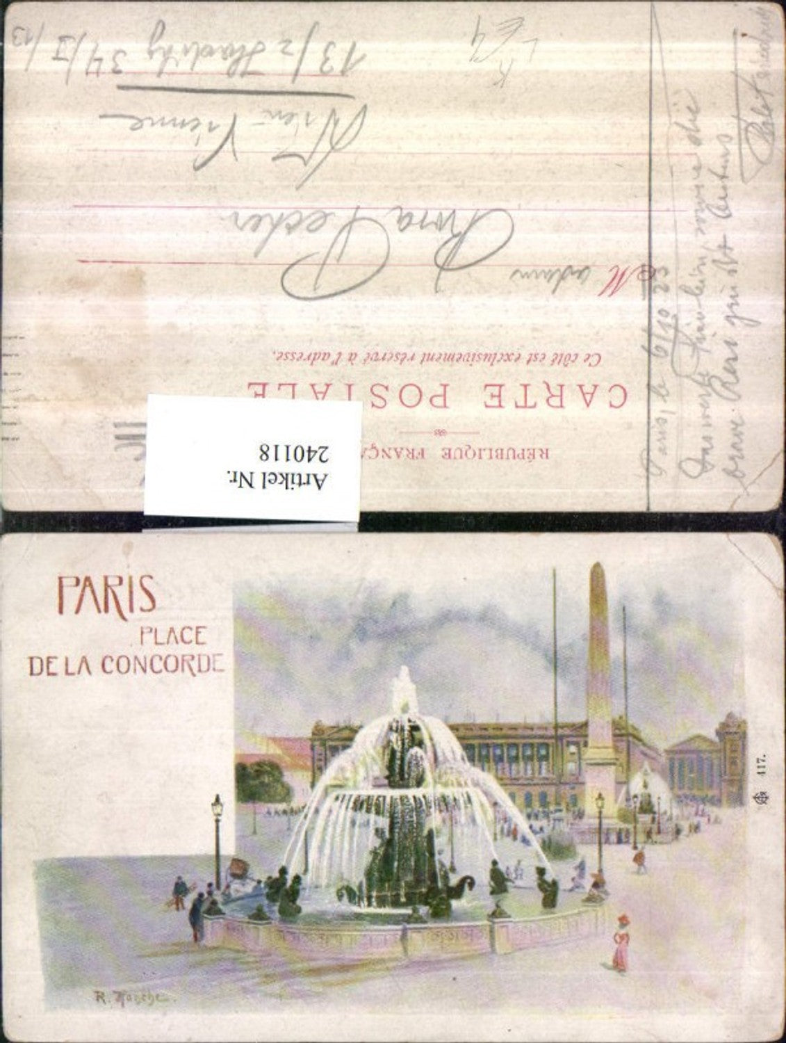 240118,Künstler Litho AK R. Hanche Paris Place de la Concorde Brunnen
