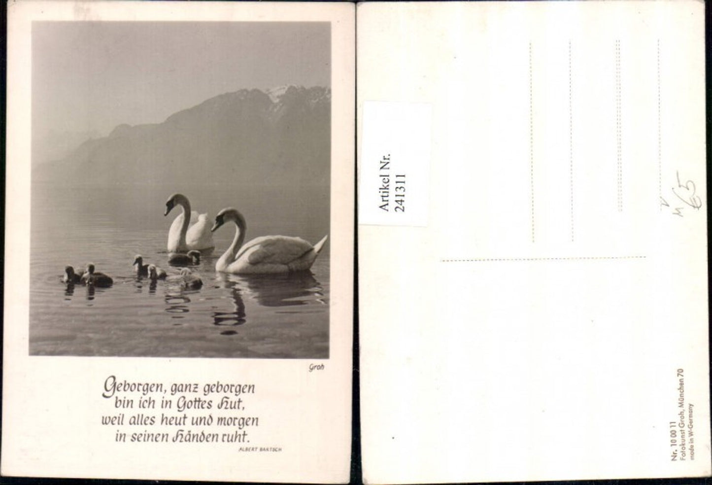 241311,Photo art Groh 100011 Swans on the lake Swan family Saying by Albert Bartsch