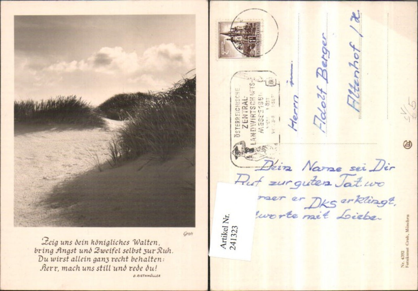 241323,Fotokunst Groh 4392 Dünen Partie Spruch v. O. Riethmüller Landwirtschaftsmesse Wels Stempel