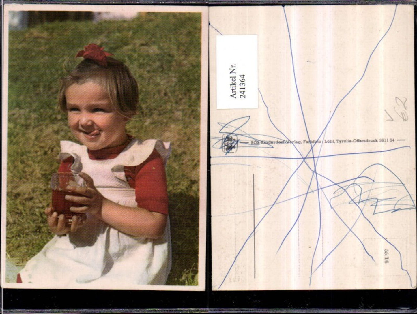 241364,SOS Kinderdorf 55/16 Mädchen m. Kleid Glas Saft