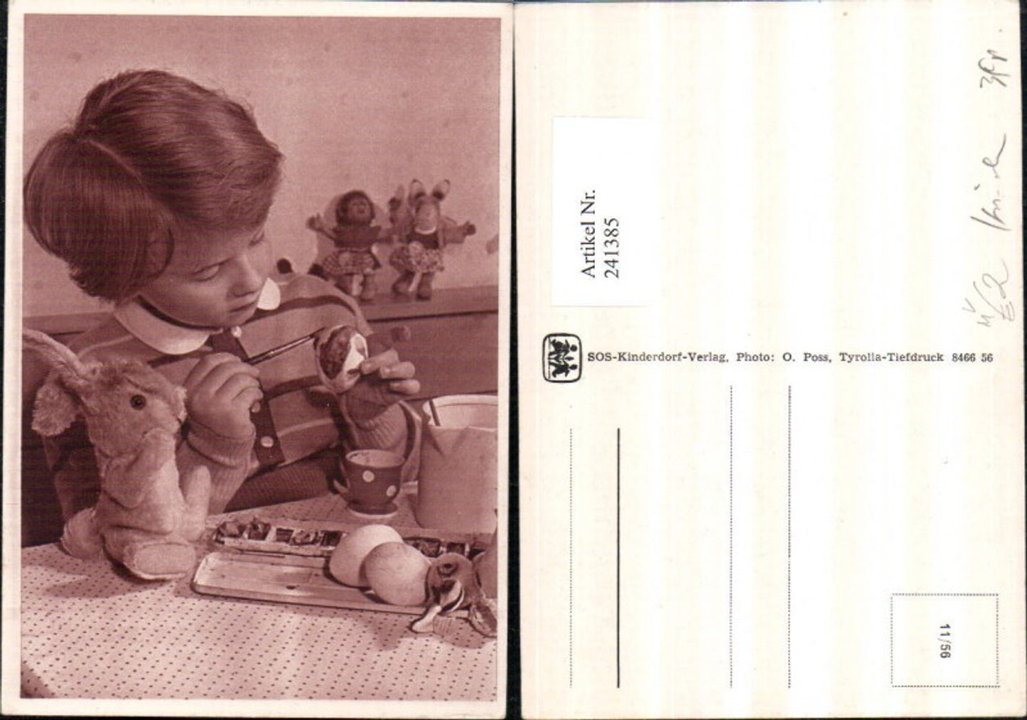 241385,SOS Kinderdorf 11/56 Kind b. Eier bemalen Stoffhase Puppen