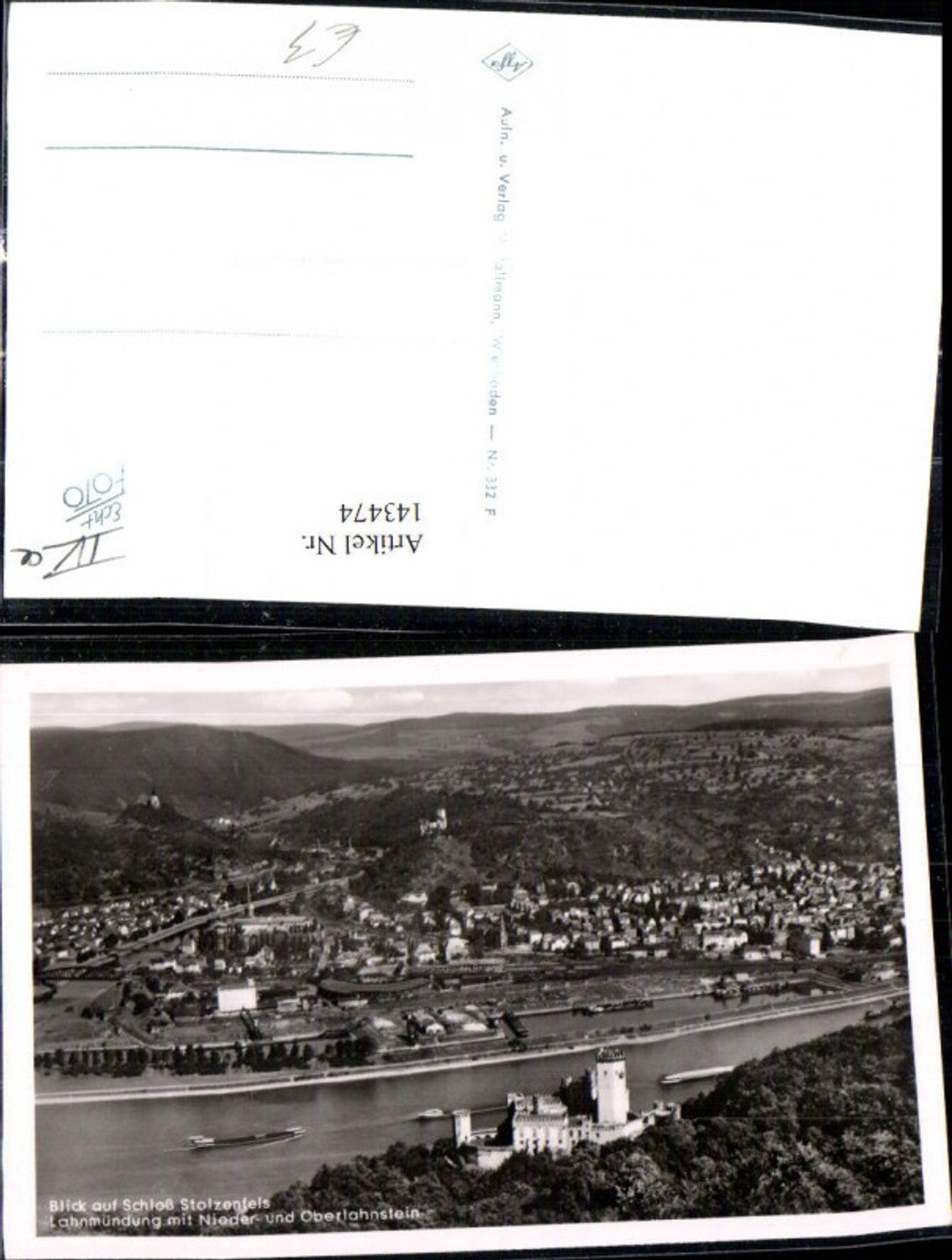 143474,Foto Ak Blick a. Schloß Stolzenfels Lahnmündung m. Nieder u. Oberlahnstein