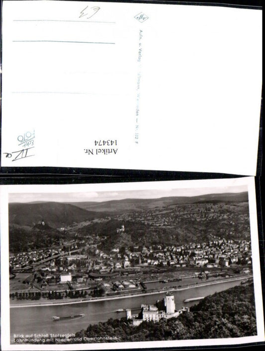 143474,Foto Ak Blick a. Schloß Stolzenfels Lahnmündung m. Nieder u. Oberlahnstein