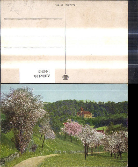 144545,Künstler Ak Burg Schloss Blühende Bäume i. Vordergrund