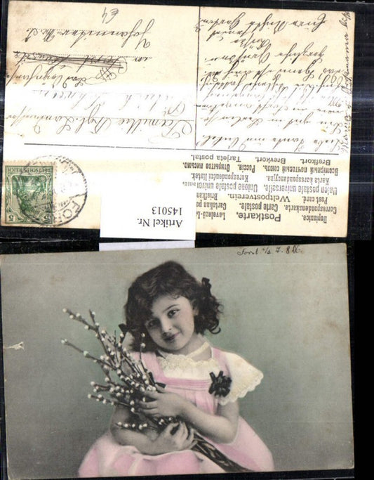 145013,Mädchen m. Palmkätzchenzweigen Lockenkopf Kleid
