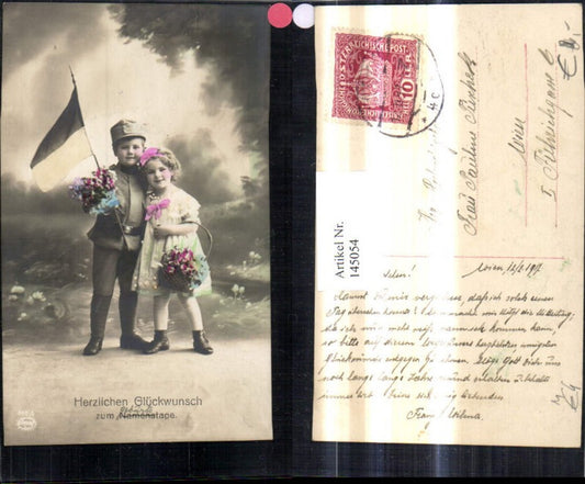 145054,Kinder Bub i. Uniform Mädchen Kleid Fahne Korb Blumen