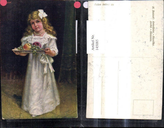 145085,Künstler Ak H. Bennet Anneliese Mädchen Teller m. Weintrauben Äpfel
