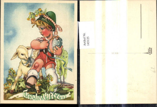 145125,Künstler Ak Bub Junge Lamm Osterei Blumen Gesegnete Ostern