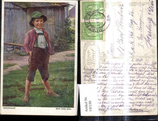 145150,Künstler Ak Karl Zewy Selbstbewußt Junge Bub i. Tracht Hut Blumen i. Mund