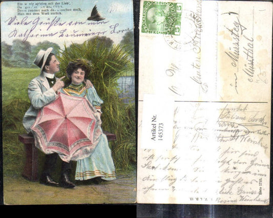 145373,Frau Mann a. Bank m. Schirm Hut Vogel Spruch Text