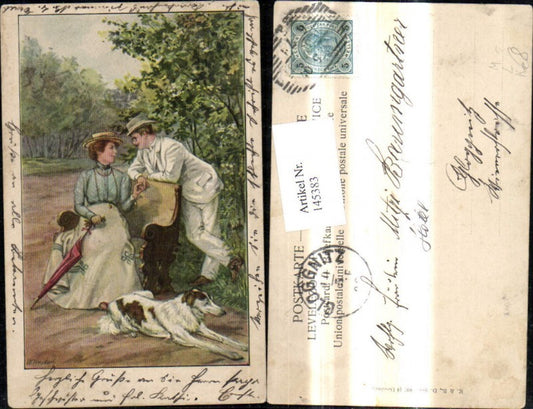 145383,Künstler Litho W. Heubach Frau m. Schirm Mann Anzug Hut Hund