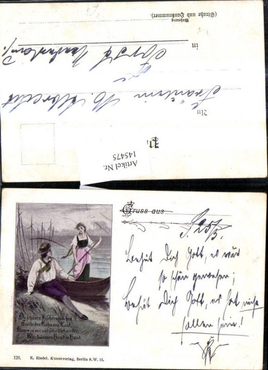 145475,Künstler Ak Frau i. Boot Mann Ufer Liebe Fischermädchen Spruch Text pub E. Riedel 126