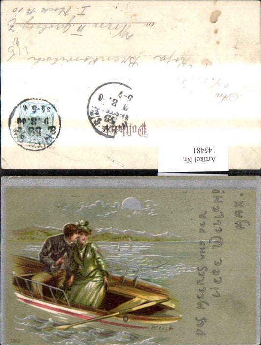145481,Künstler Litho Liebe Paar Umarmung a. Boot b. Mondschein Silberverzierung