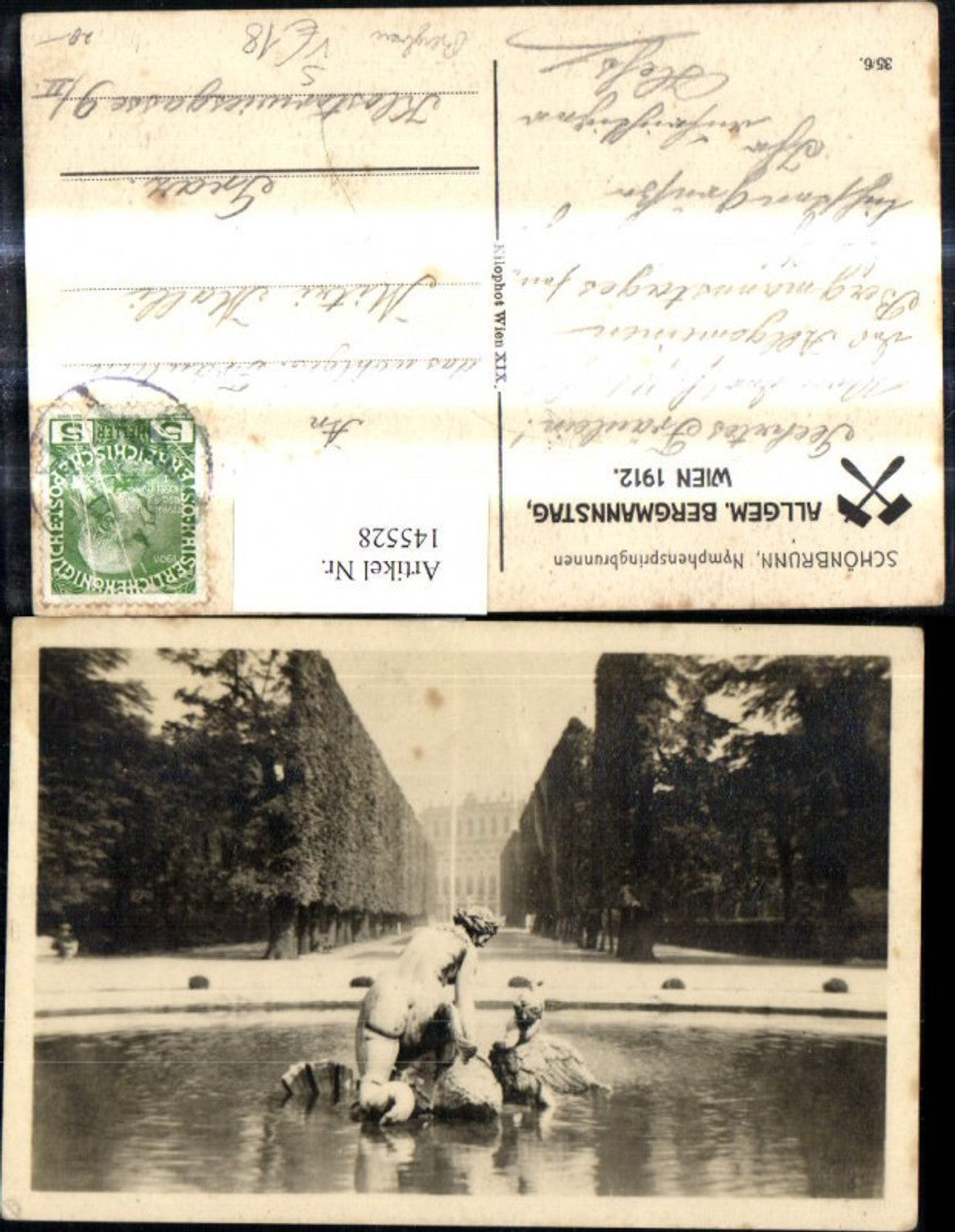 145528,Bergbau Stempel Allgem. Bergmanntag Wien 1912 Schönbrunn Nymphenspringbrunnen pub Kilophot 35/6