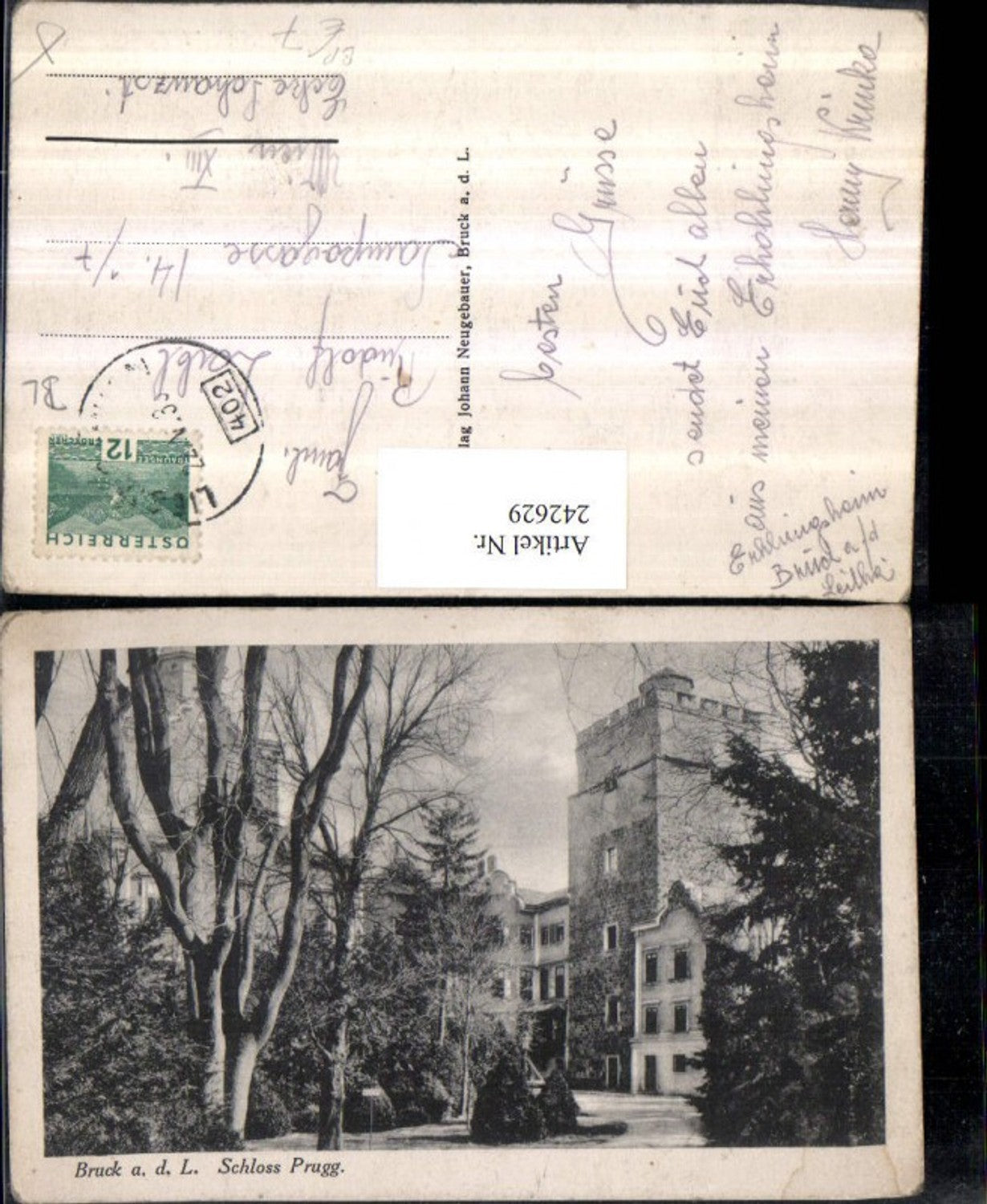 242629, Bruck an der Leitha, Prugg Castle, Railway Post Office, Train 402