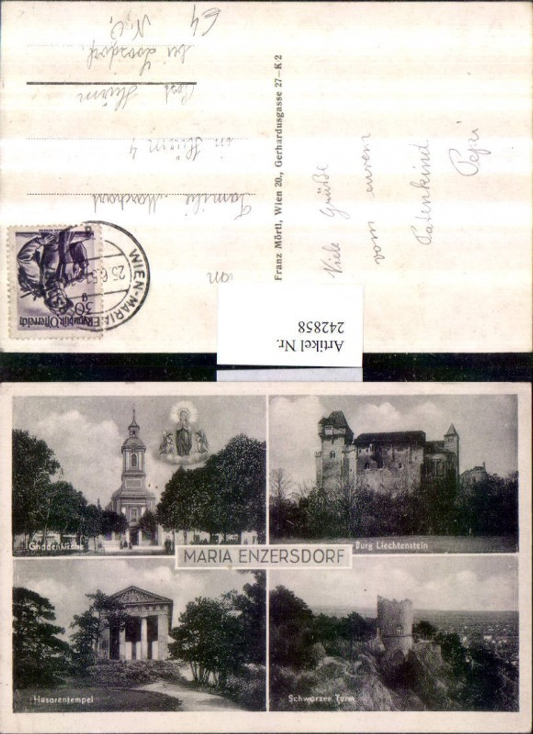 242858,Maria Enzersdorf Kirche Gnadenbild Burg Liechtenstein Schwarzer Turm u. Husarentempel