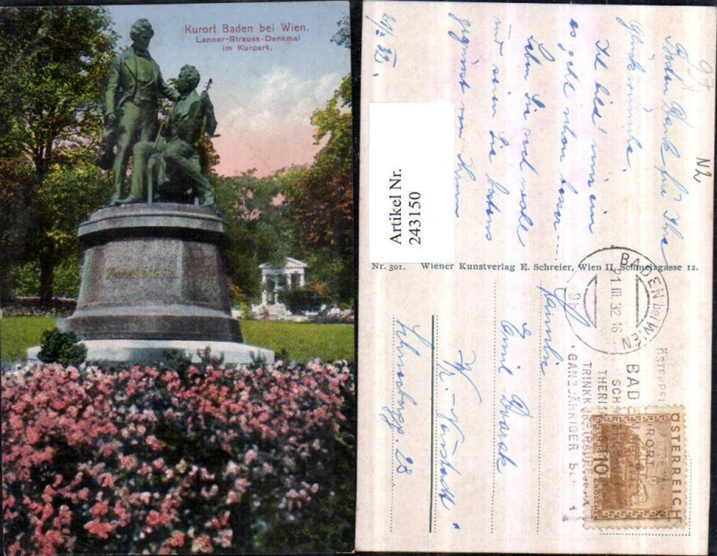 243150,Künstler AK E. Schreier Baden b. Wein Lanner-Strauss-Denkmal im Kurpark