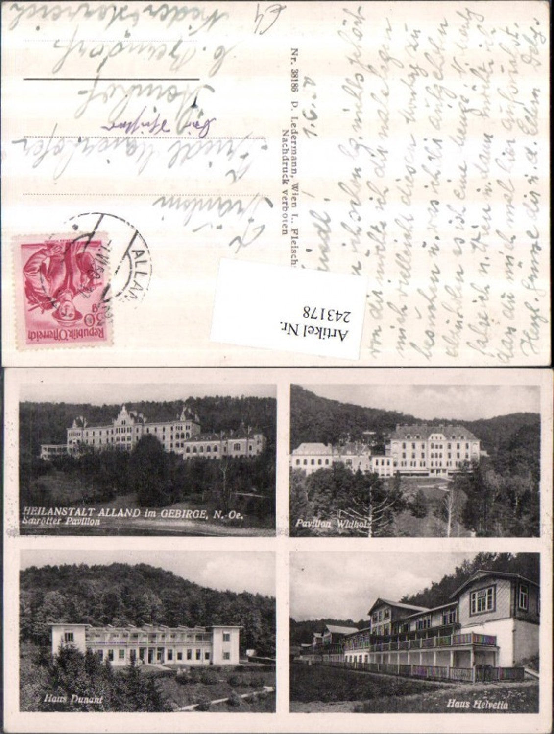 243178,Alland im Gebirge Heilanstalt Schrötter u. Wildholz Pavillon Haus Helvettia u. Dunant Mehrbildkarte