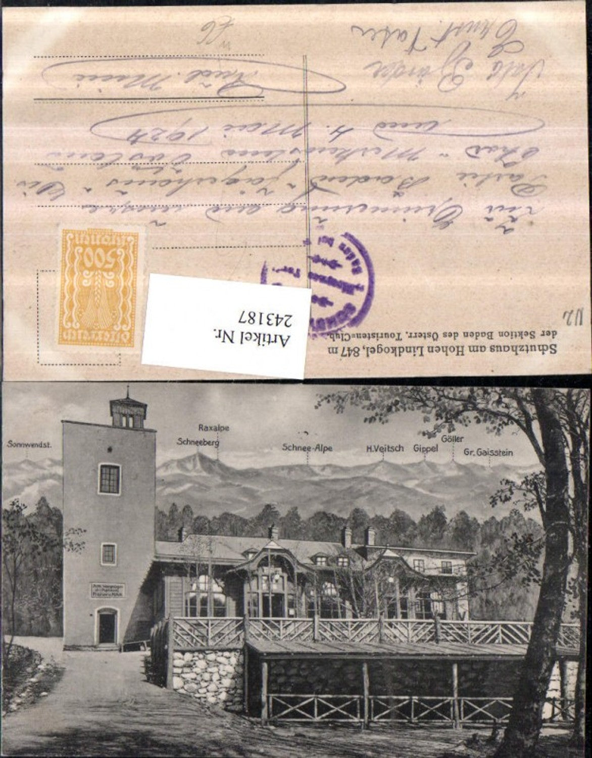 243187,Schutzhaus am Hohen Lindkogel b. Baden m. Raxalpe Schneeberg Göller Gippel