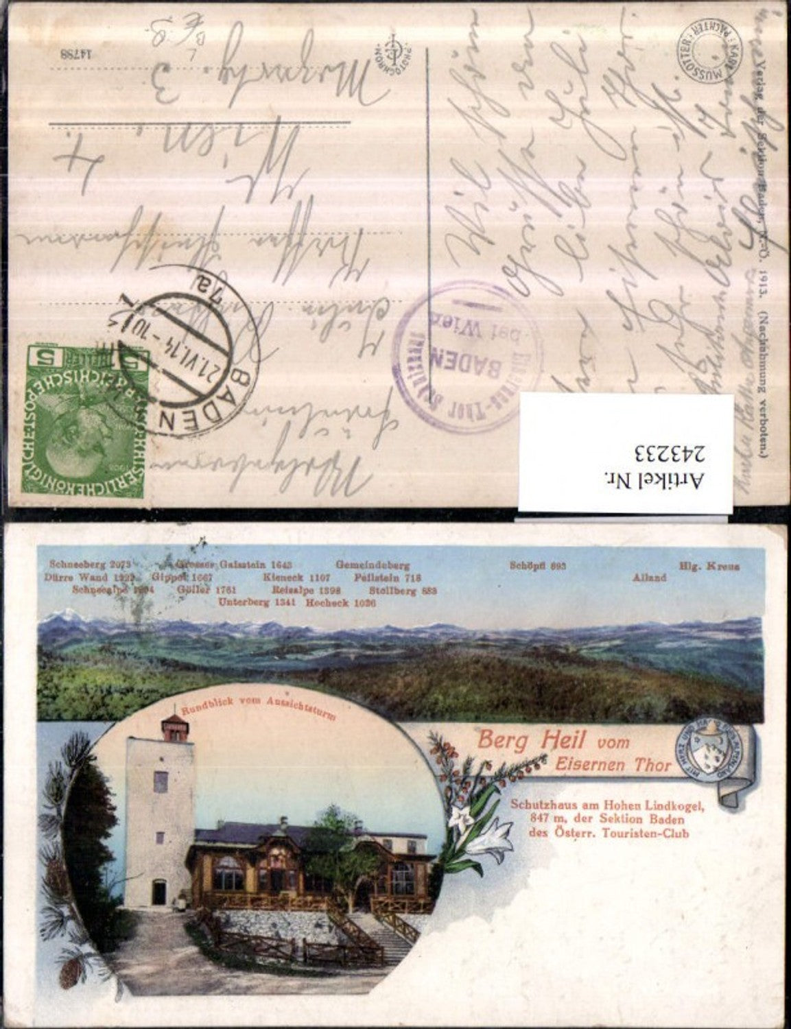 243233,Litho AK Berg Heil v. Eisernen Tor Schutzhaus Aussichtsturm Baden