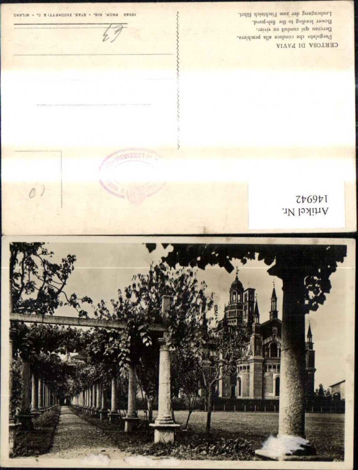 146942,Certosa di Pavia Laubengang d. z. Fischteich führt Schloss