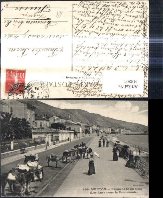 148804,Menton Promenade du Midi Promenade Esel Frau Schirm Hut
