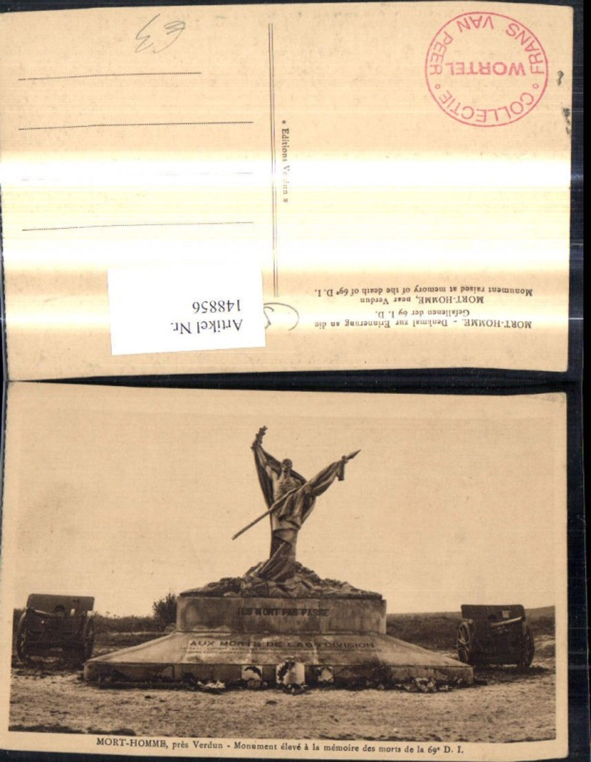 148856,Mort Homme prs Verdun Monument eleve a la memoire des morts de la 69e D. I. Geschütze Statue