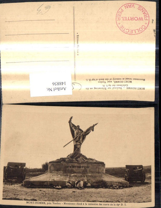 148856,Mort Homme prs Verdun Monument eleve a la memoire des morts de la 69e D. I. Geschütze Statue