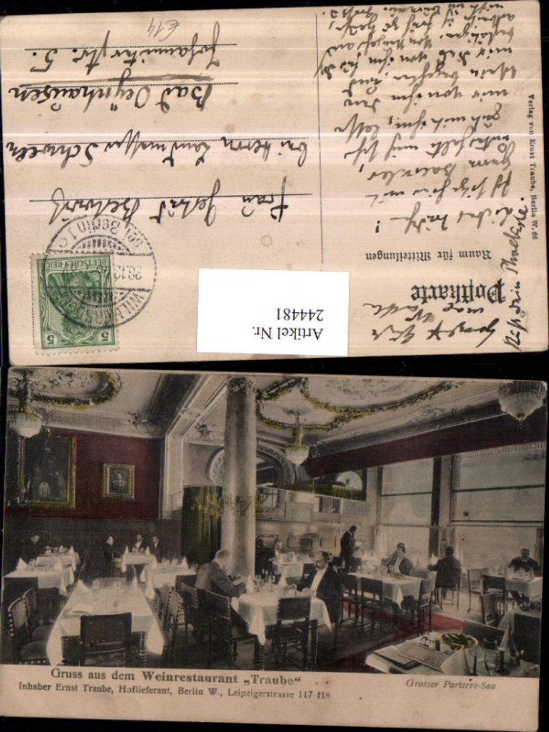 244481,Berlin Gruß aus d. Weinrestaurant Traube Großer Parterre-Saal Innenansicht